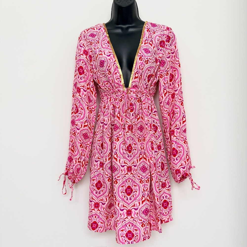VTG Victoria's Secret Silk Pink Sequin V-Neck Boho Mini Dress Long Sleeve XS